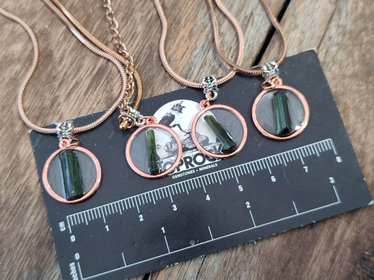 Hand Made Green Tourmaline MIni Gem Crystal  in Rose Gold Round Pendant - Sold Per Item - From Nigeria - Toprock Gemstones and Minerals 