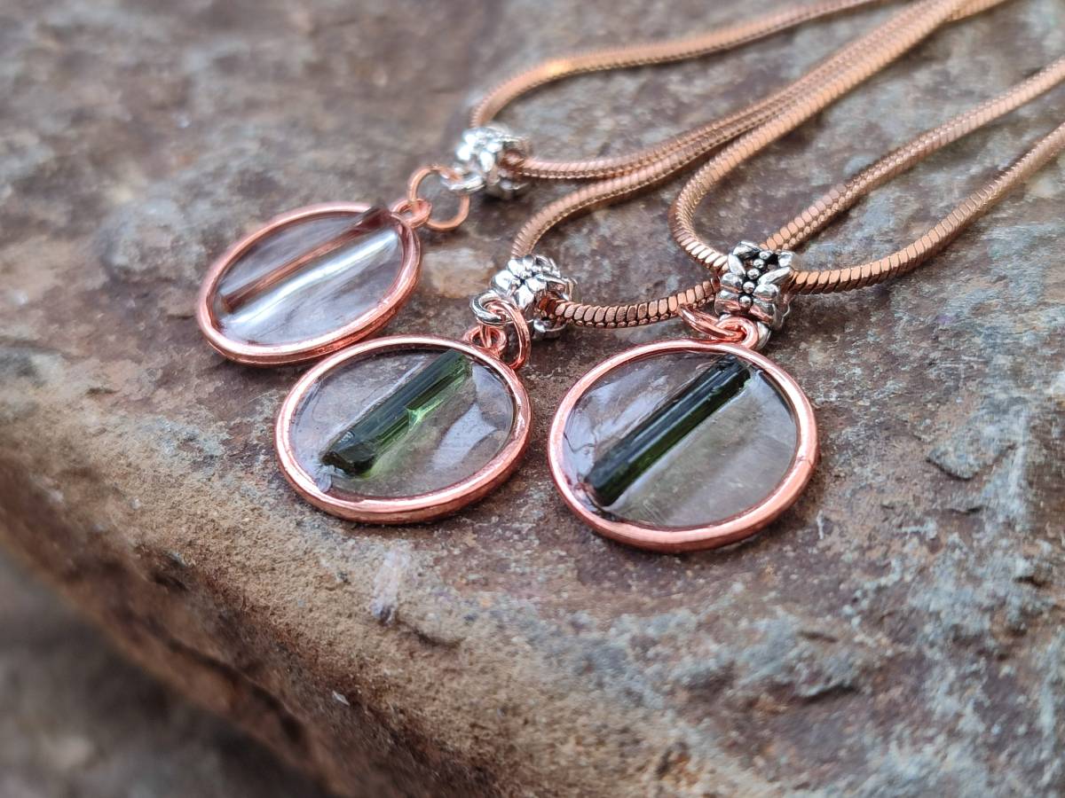 Hand Made Green Tourmaline MIni Gem Crystal  in Rose Gold Round Pendant - Sold Per Item - From Nigeria - Toprock Gemstones and Minerals 
