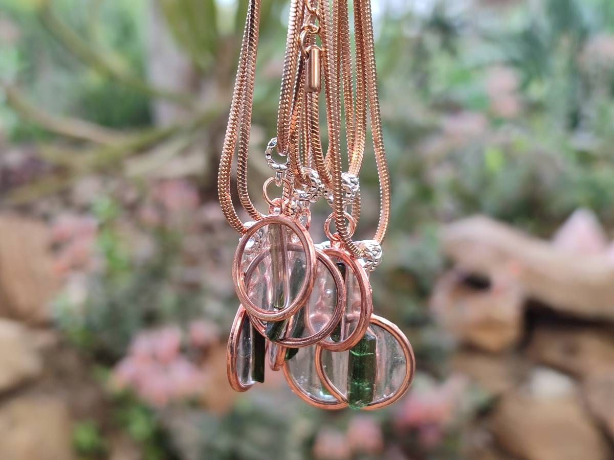 Hand Made Green Tourmaline MIni Gem Crystal  in Rose Gold Round Pendant - Sold Per Item - From Nigeria - Toprock Gemstones and Minerals 