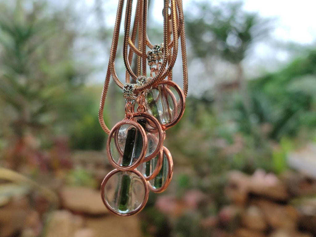 Hand Made Green Tourmaline MIni Gem Crystal  in Rose Gold Round Pendant - Sold Per Item - From Nigeria - Toprock Gemstones and Minerals 