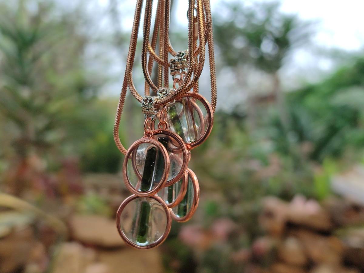 Hand Made Green Tourmaline MIni Gem Crystal  in Rose Gold Round Pendant - Sold Per Item - From Nigeria - Toprock Gemstones and Minerals 
