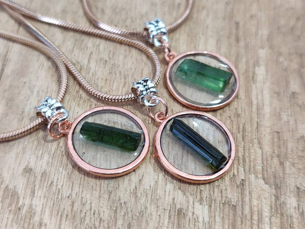 Hand Made Green Tourmaline MIni Gem Crystal  in Rose Gold Round Pendant - Sold Per Item - From Nigeria - Toprock Gemstones and Minerals 