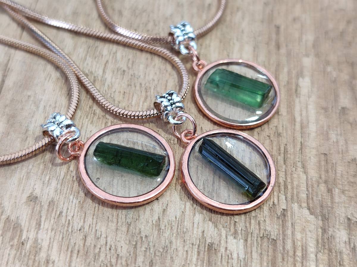 Hand Made Green Tourmaline MIni Gem Crystal  in Rose Gold Round Pendant - Sold Per Item - From Nigeria - Toprock Gemstones and Minerals 