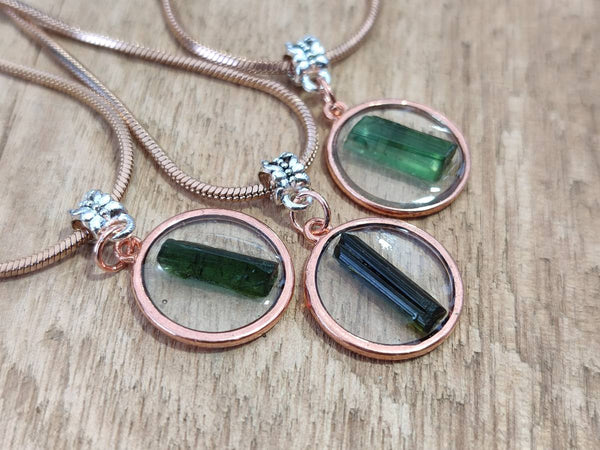 Hand Made Green Tourmaline MIni Gem Crystal  in Rose Gold Round Pendant - sold per item - From Nigeria