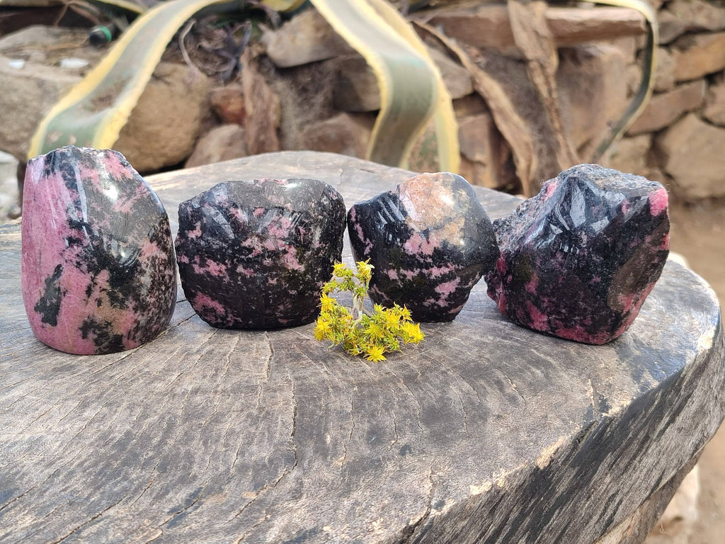 Polished On One Side Rhodonite x 4 Standing Display Pieces from Madagascar - Toprock Gemstones and Minerals 