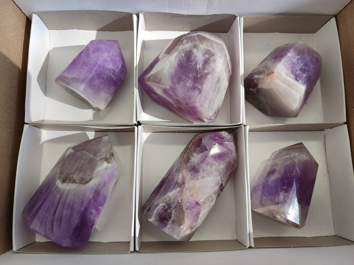 Polished Smokey Chevron Amethyst Points x 6 From Madagascar - Toprock Gemstones and Minerals 