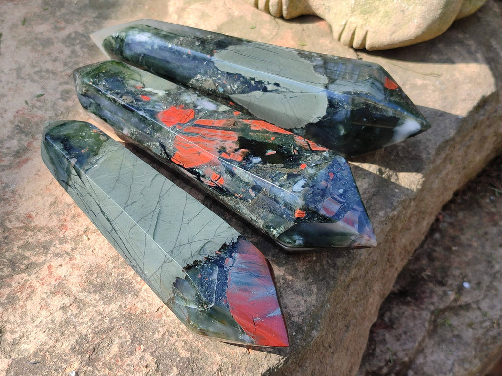 Polished Double Terminated Bloodstone Points x 3 From Swaziland - Toprock Gemstones and Minerals 