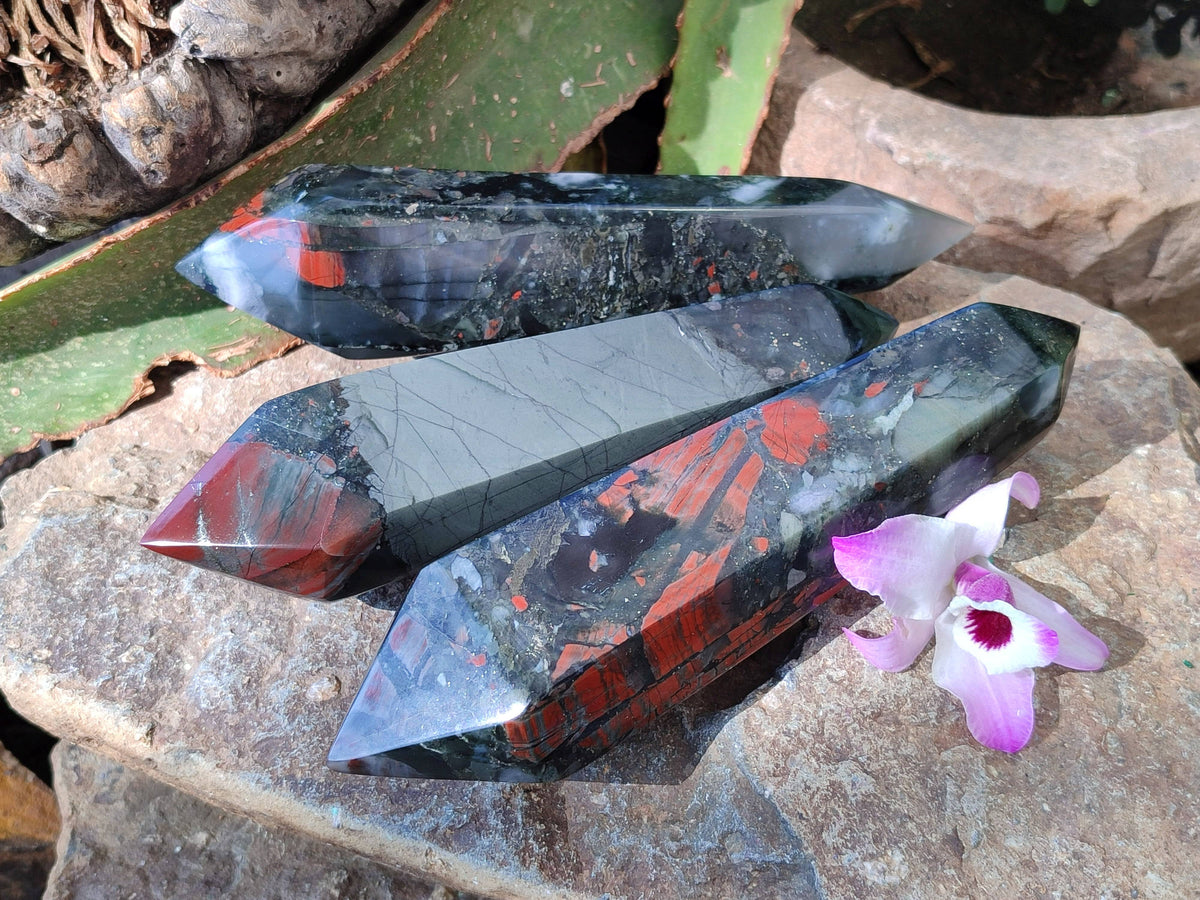 Polished Double Terminated Bloodstone Points x 3 From Swaziland - Toprock Gemstones and Minerals 