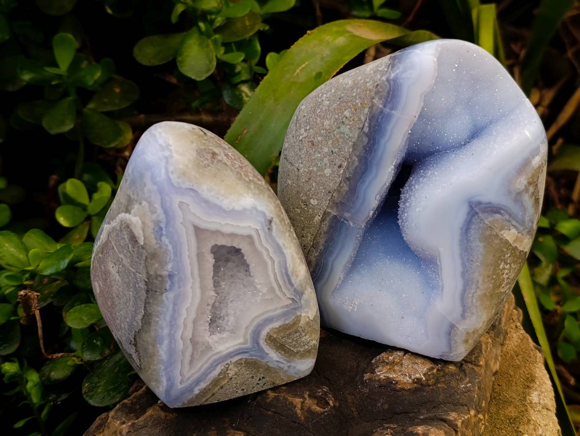 Polished Blue Lace Agate Standing Free Forms x 2 From Nsanje, Malawi - Toprock Gemstones and Minerals 