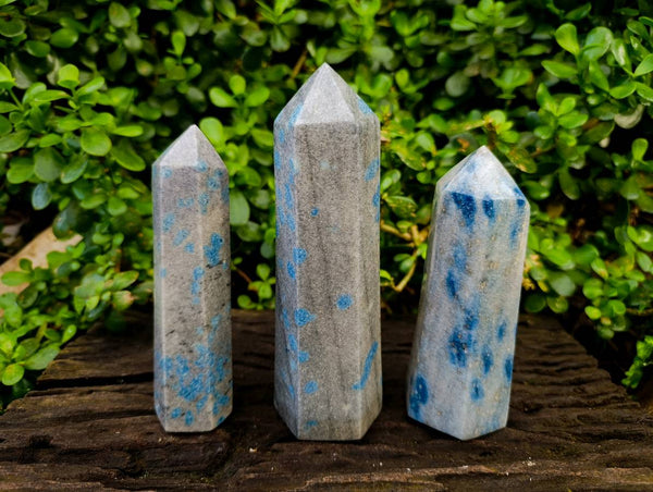Polished Blue Spinel Spotted Quartz Points x 3 From Madagascar
