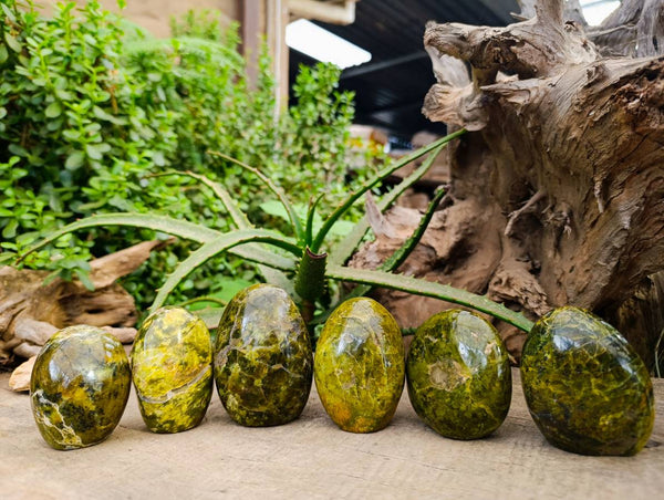 Polished Green Opal Standing Free Forms x 6 From Antsirabe, Madagascar