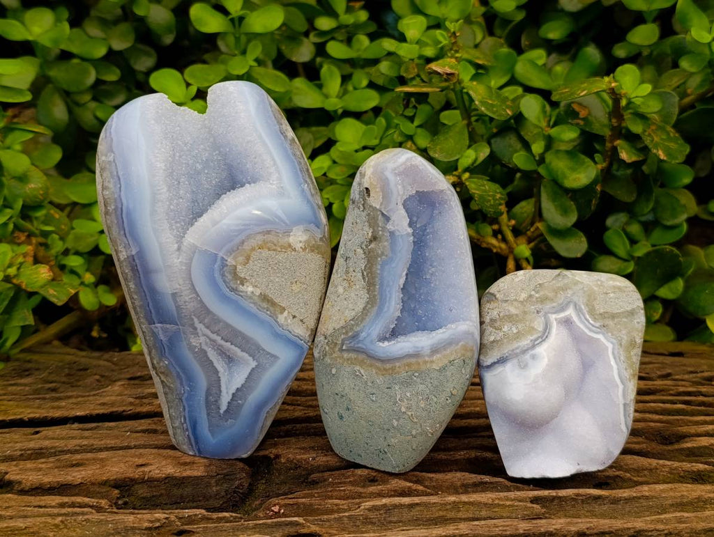 Polished Blue Lace Agate Standing Free Forms x 3 From Nsanje, Malawi - Toprock Gemstones and Minerals 
