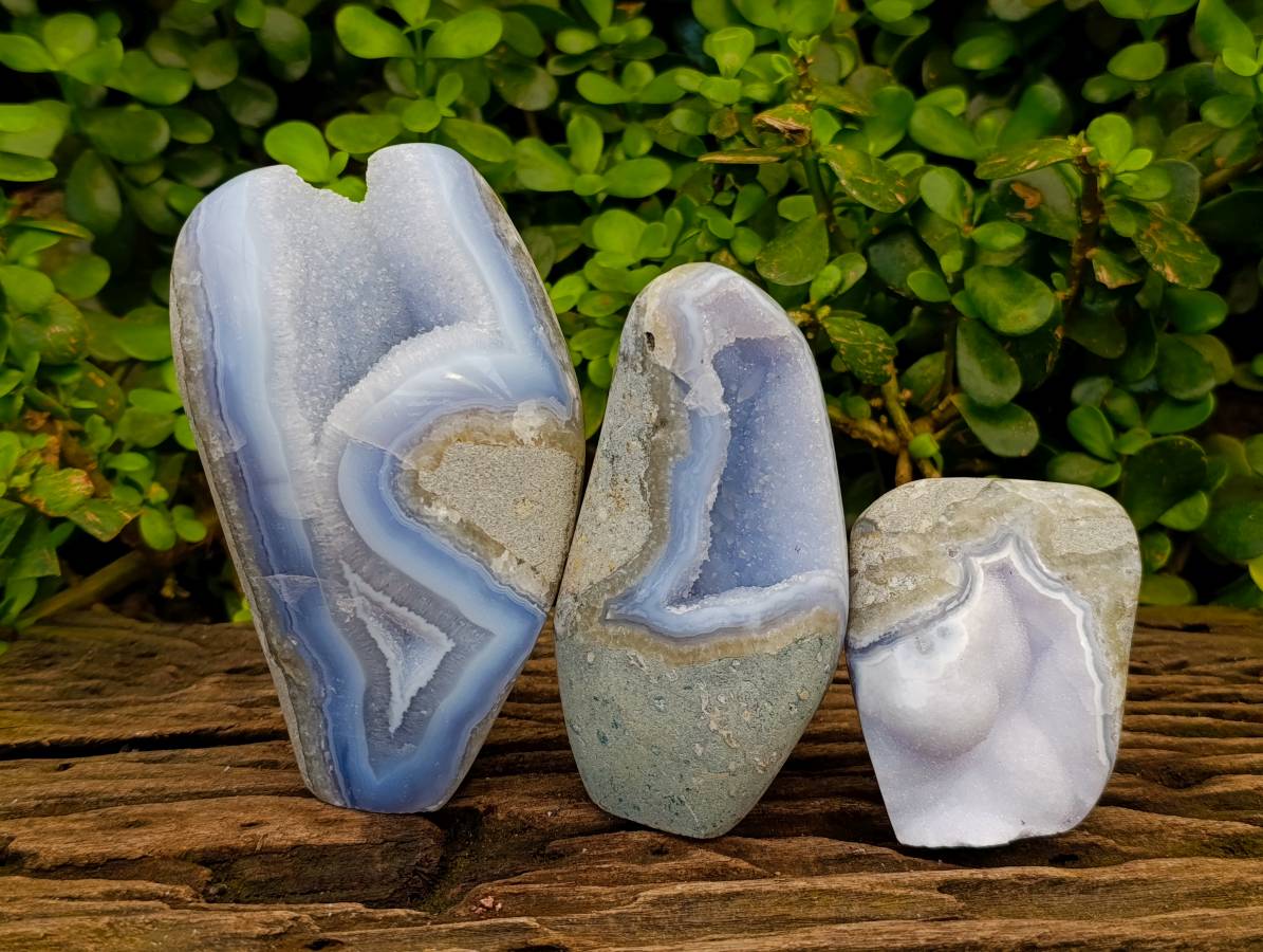 Polished Blue Lace Agate Standing Free Forms x 3 From Nsanje, Malawi - Toprock Gemstones and Minerals 