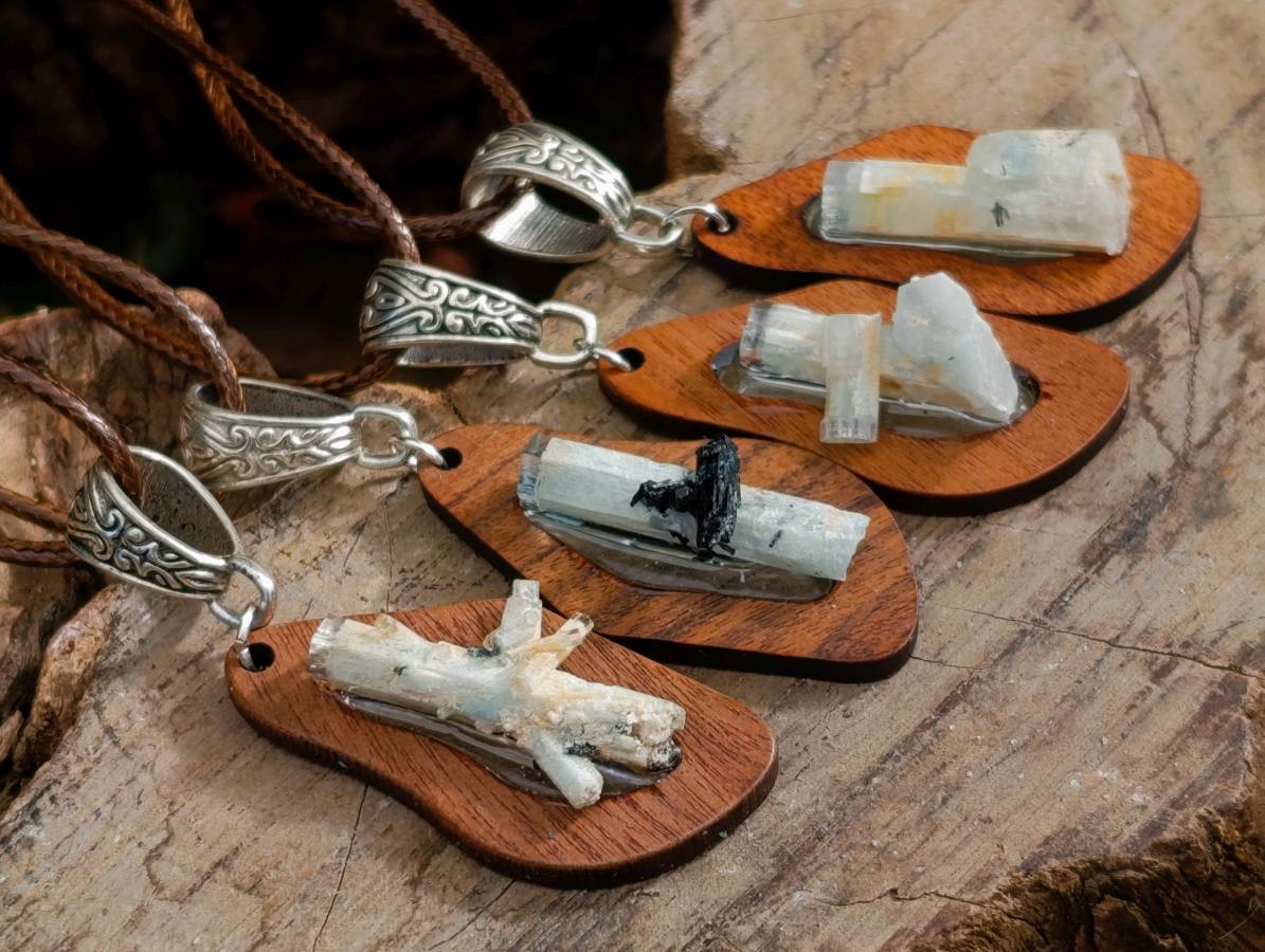 Hand Made Aquamarine Specimen In A Wooden Pendant - Sold Per Item - From Erongo, Namibia - Toprock Gemstones and Minerals 