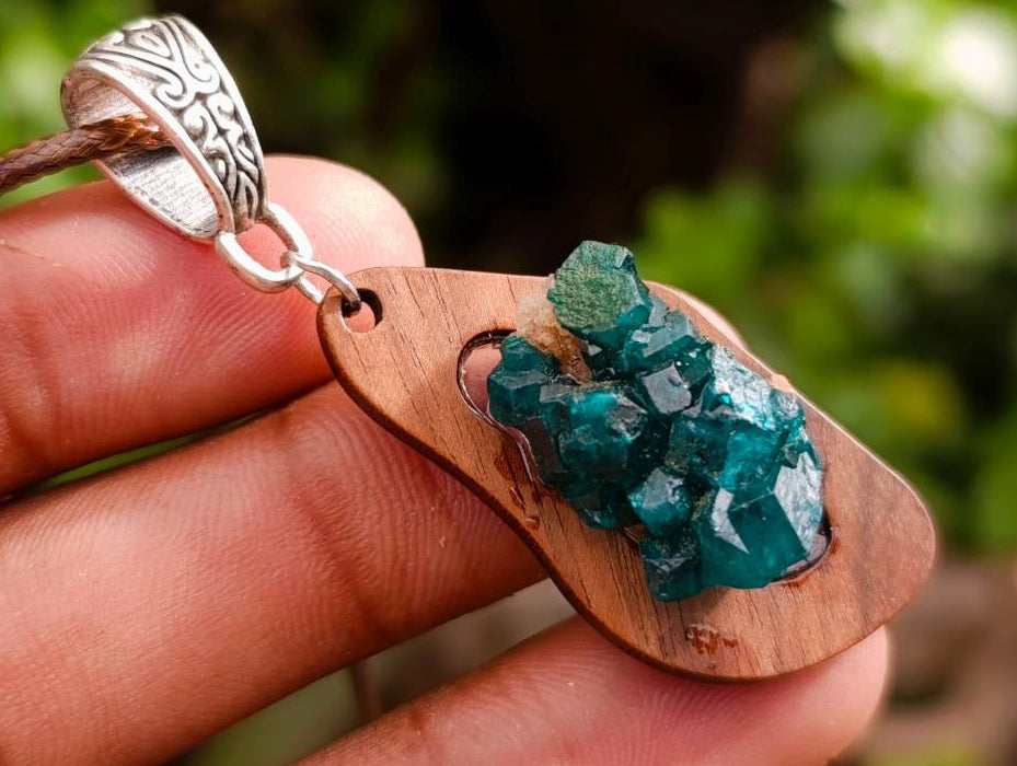 Hand Made Dioptase Specimens in Wood Pendant - Sold Per Item - From Likasi, Congo - Toprock Gemstones and Minerals 