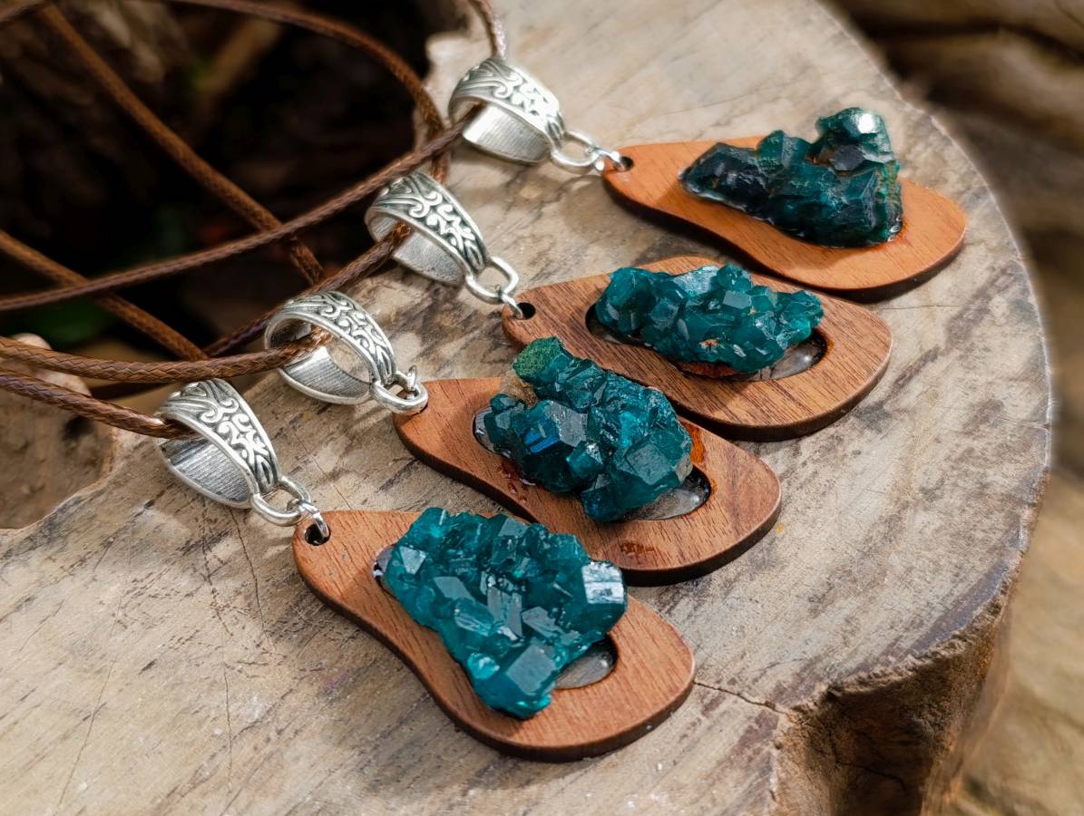 Hand Made Dioptase Specimens in Wood Pendant - Sold Per Item - From Likasi, Congo - Toprock Gemstones and Minerals 