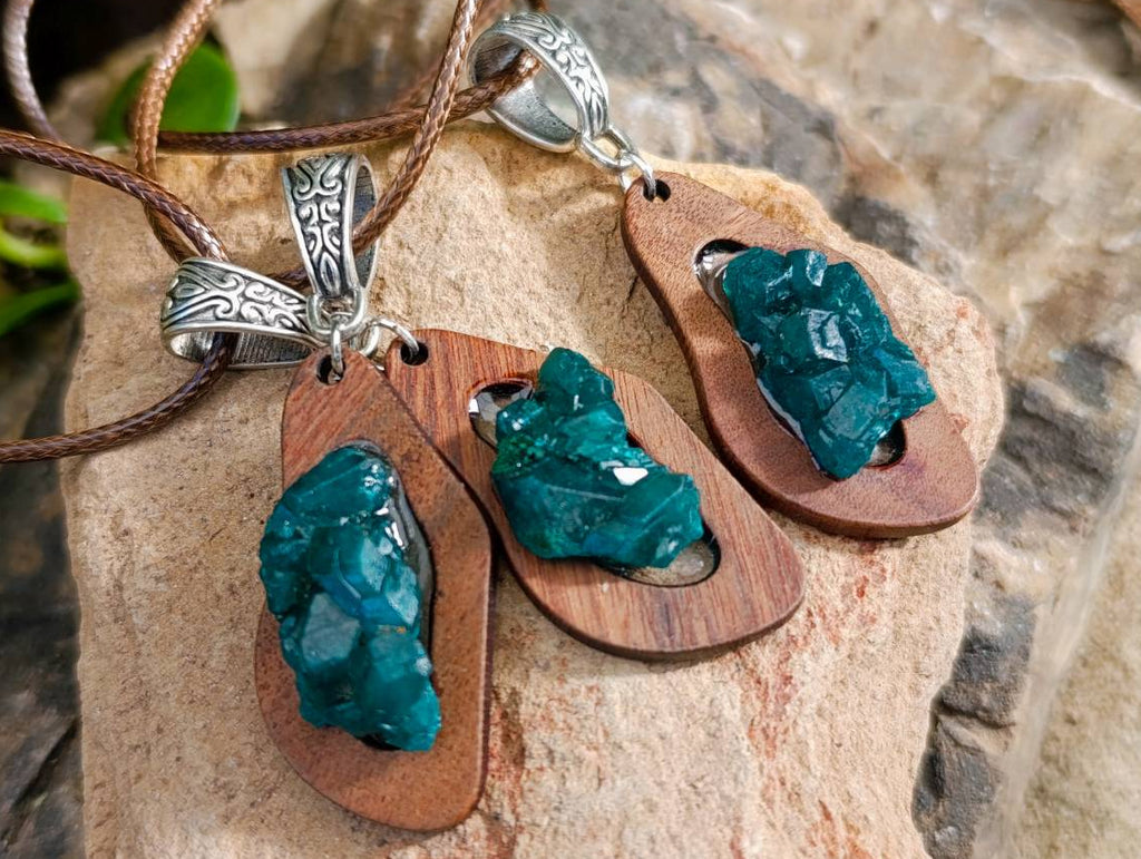 Hand Made Dioptase Specimens in Wood Pendant - Sold Per Item - From Likasi, Congo - Toprock Gemstones and Minerals 