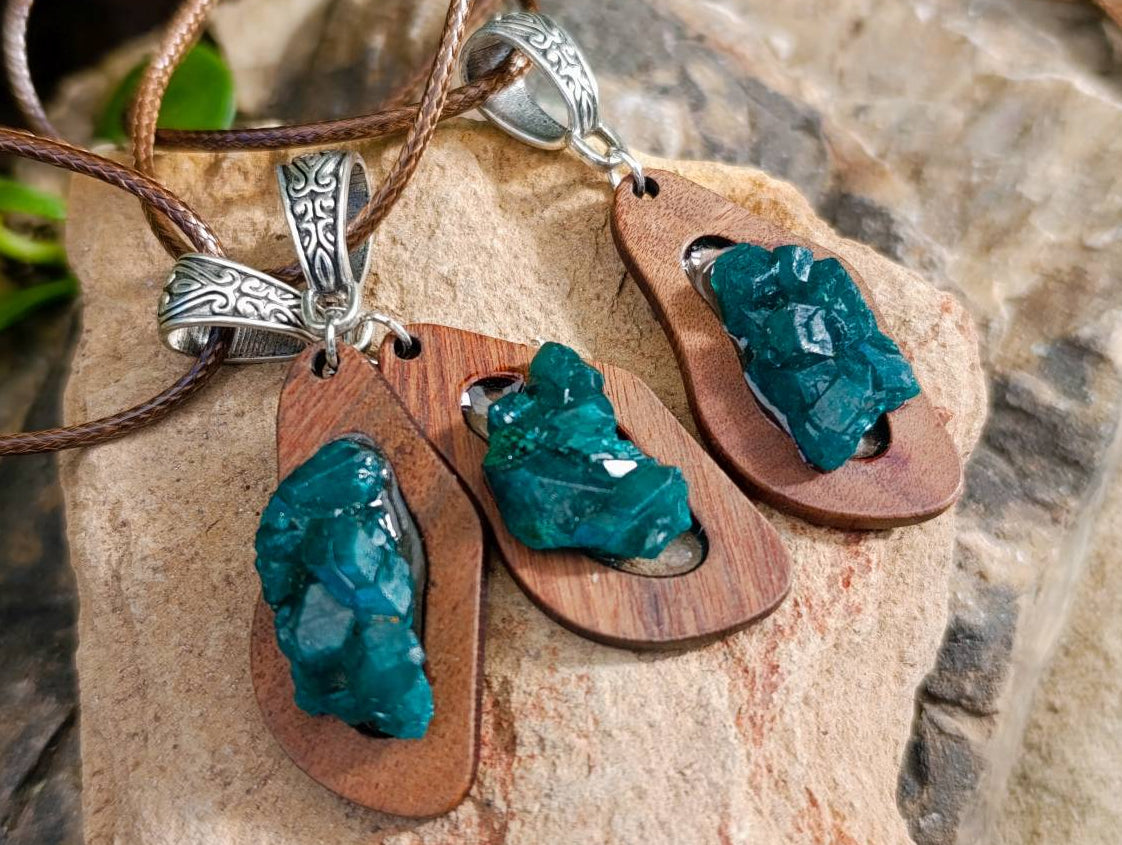 Hand Made Dioptase Specimens in Wood Pendant - Sold Per Item - From Likasi, Congo - Toprock Gemstones and Minerals 