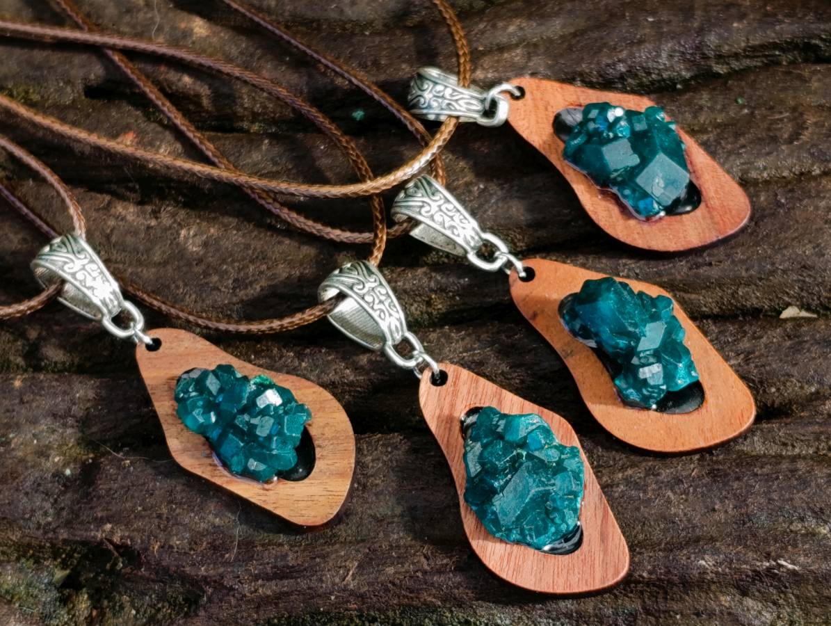 Hand Made Dioptase Specimens in Wood Pendant - Sold Per Item - From Likasi, Congo - Toprock Gemstones and Minerals 