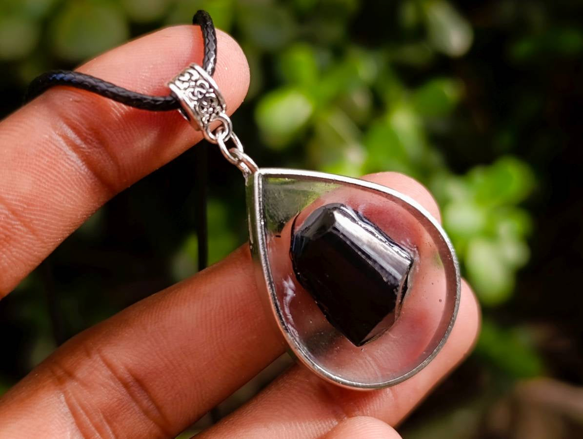Hand Made Black Tourmaline in Silver Teardrop Pendant - Sold Per Item - From Erongo, Namibia - Toprock Gemstones and Minerals 
