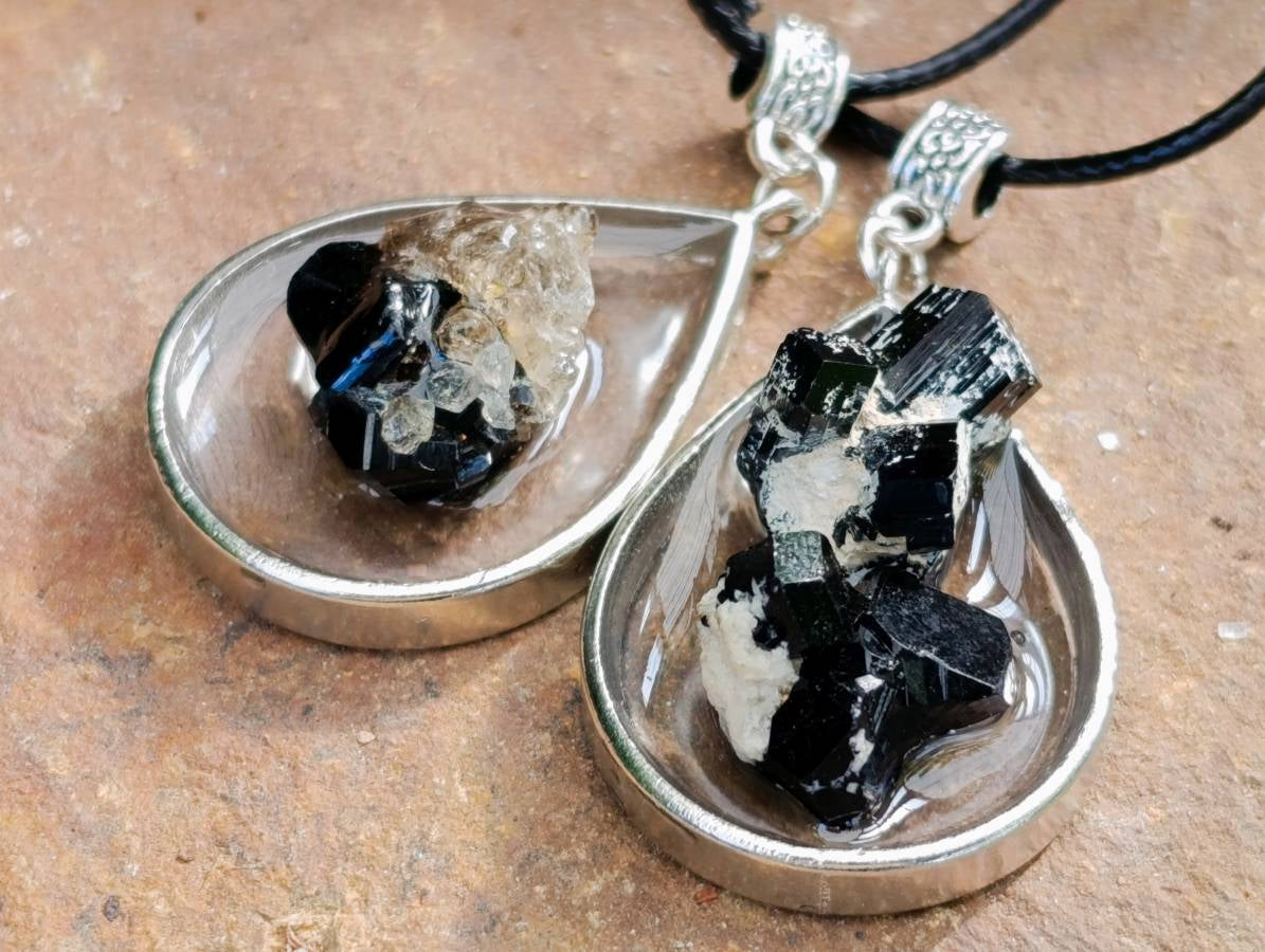 Hand Made Black Tourmaline in Silver Teardrop Pendant - Sold Per Item - From Erongo, Namibia - Toprock Gemstones and Minerals 