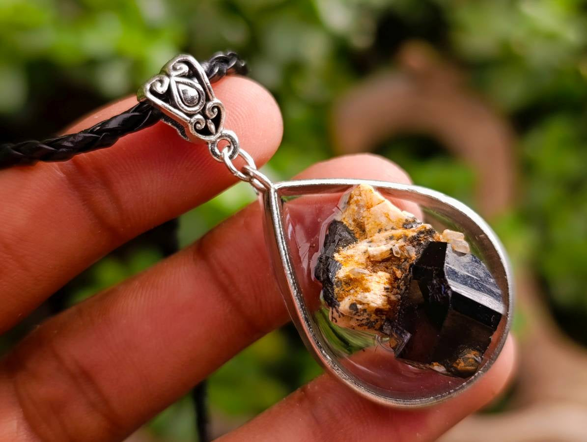 Hand Made Black Tourmaline in Silver Teardrop Pendant - Sold Per Item - From Erongo, Namibia - Toprock Gemstones and Minerals 