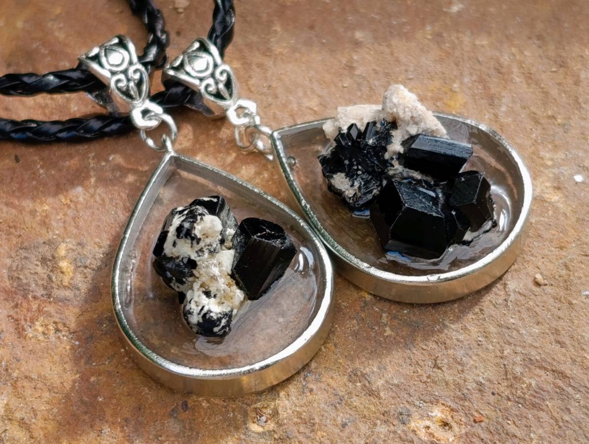 Hand Made Black Tourmaline in Silver Teardrop Pendant - Sold Per Item - From Erongo, Namibia - Toprock Gemstones and Minerals 