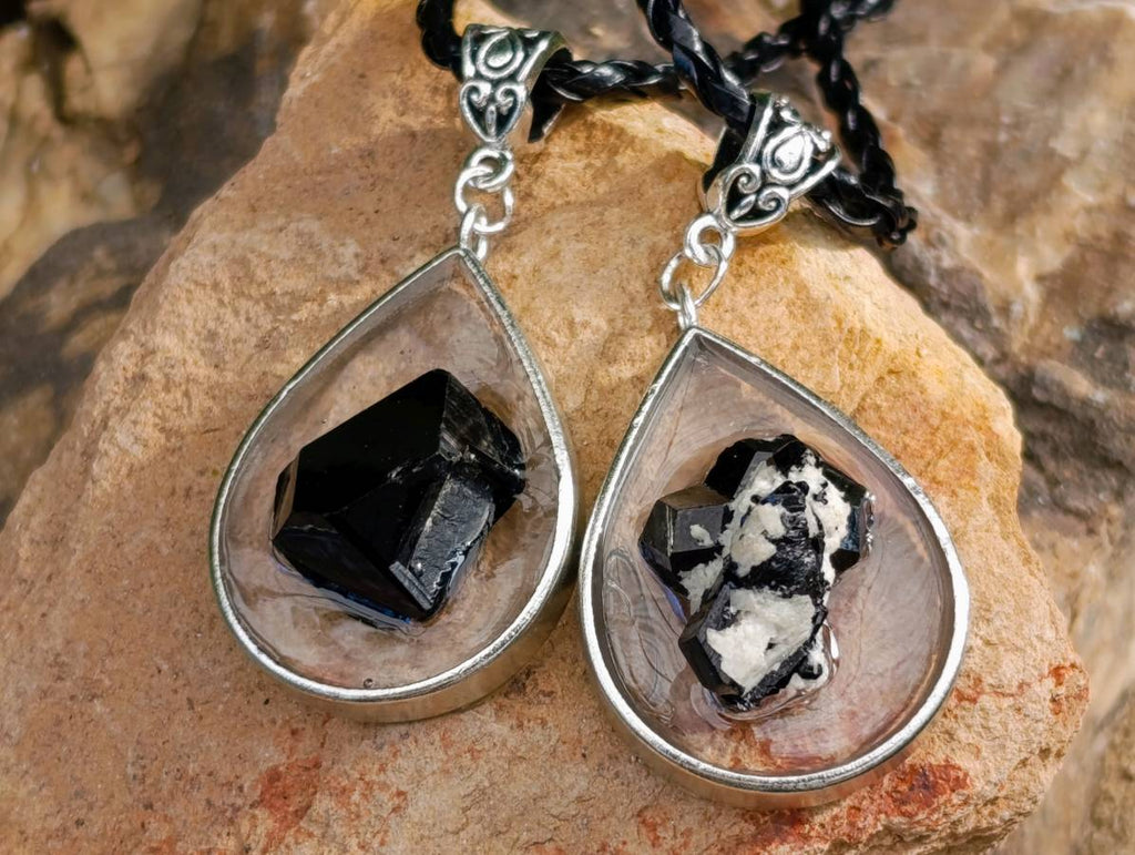 Hand Made Black Tourmaline in Silver Teardrop Pendant - Sold Per Item - From Erongo, Namibia - Toprock Gemstones and Minerals 