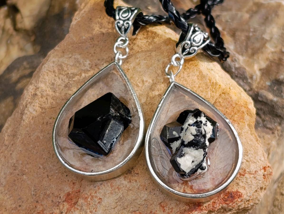 Hand Made Black Tourmaline in Silver Teardrop Pendant - Sold Per Item - From Erongo, Namibia - Toprock Gemstones and Minerals 