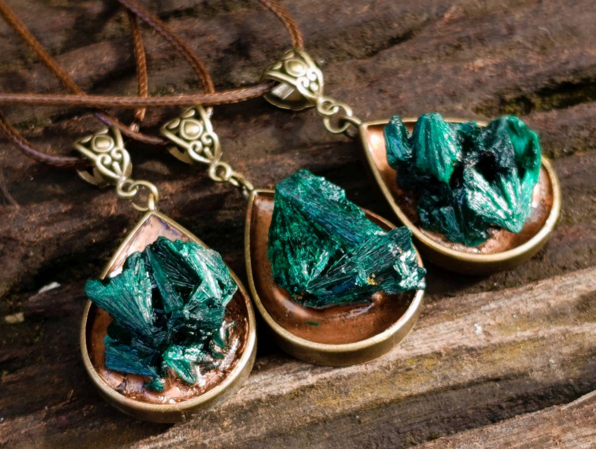 Hand Made Silky Malachite in Bronze Teardrop Pendant - Sold Per Item - Kasompe, Congo - Toprock Gemstones and Minerals 