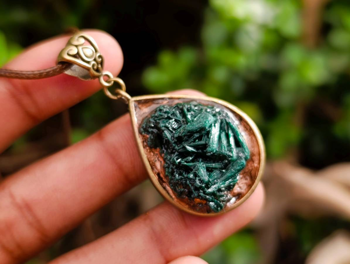 Hand Made Silky Malachite in Bronze Teardrop Pendant - Sold Per Item - Kasompe, Congo - Toprock Gemstones and Minerals 