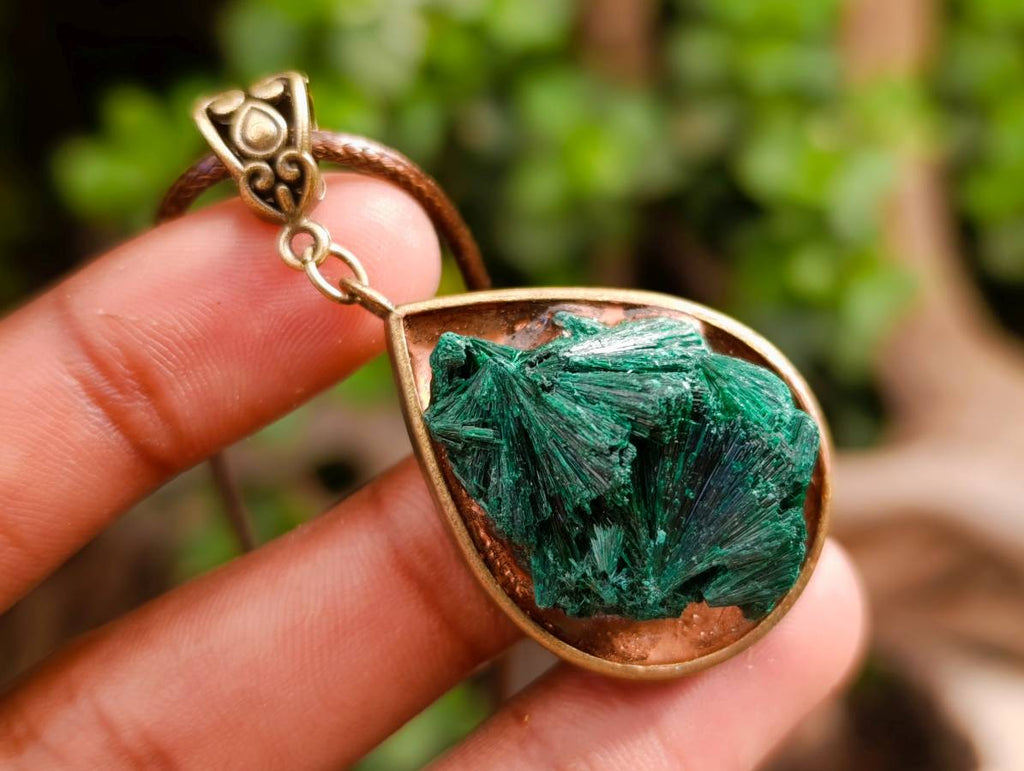 Hand Made Silky Malachite in Bronze Teardrop Pendant - Sold Per Item - Kasompe, Congo - Toprock Gemstones and Minerals 