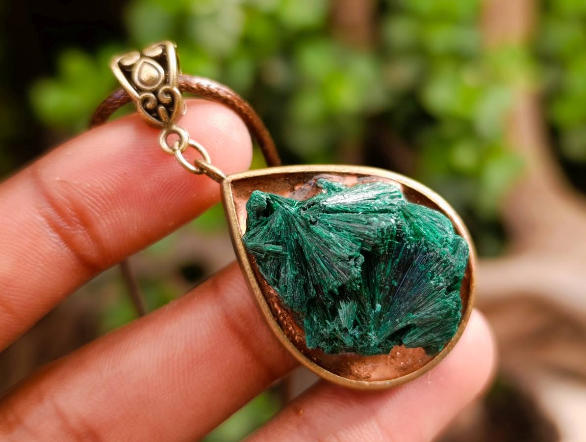 Hand Made Silky Malachite in Bronze Teardrop Pendant - Sold Per Item - Kasompe, Congo - Toprock Gemstones and Minerals 