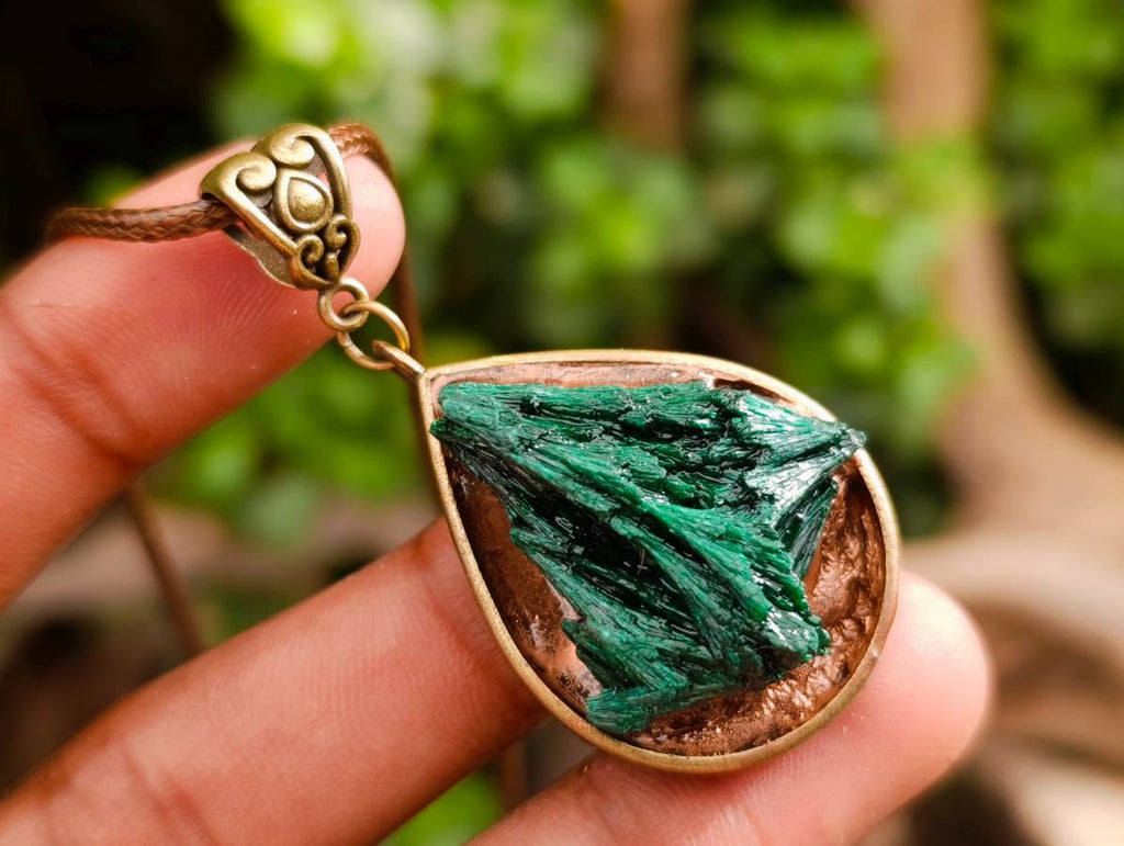 Hand Made Silky Malachite in Bronze Teardrop Pendant - Sold Per Item - Kasompe, Congo - Toprock Gemstones and Minerals 
