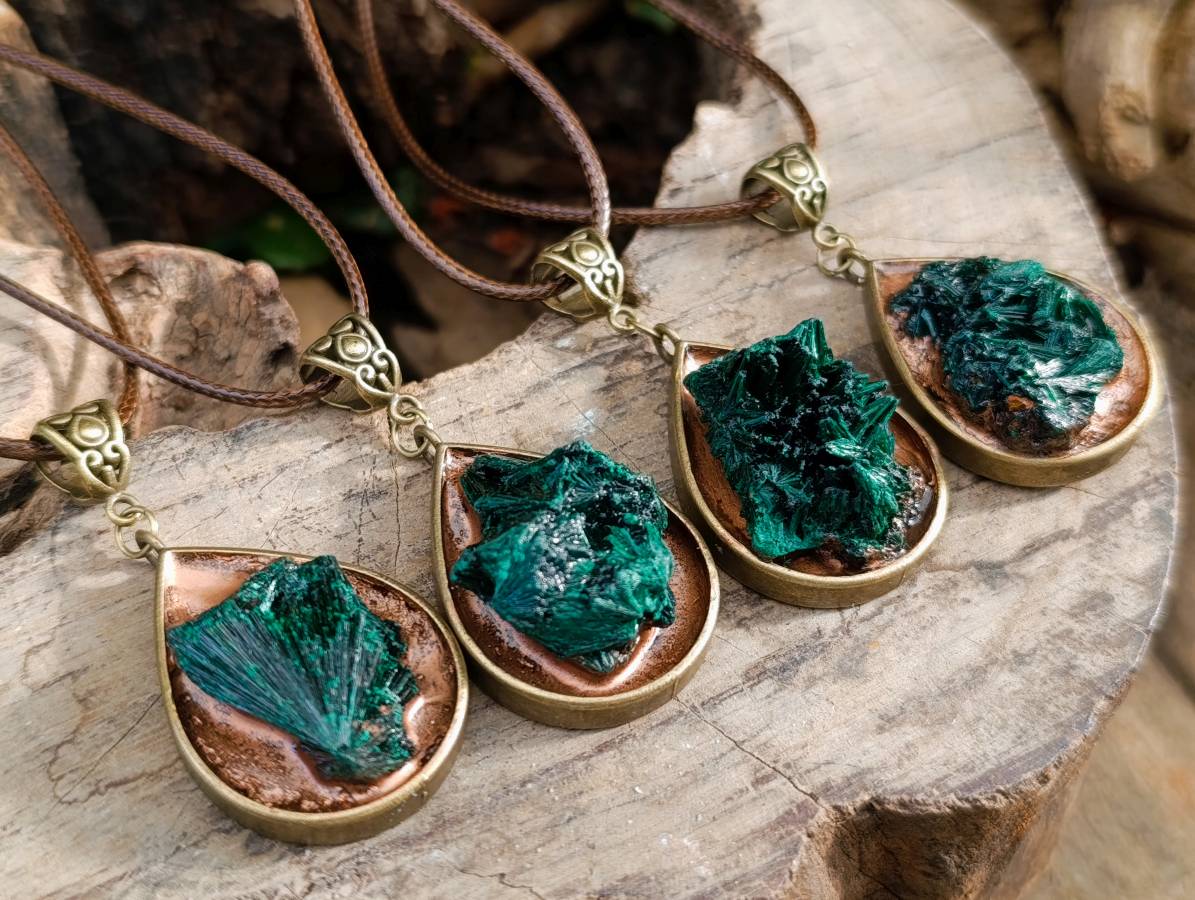 Hand Made Silky Malachite in Bronze Teardrop Pendant - Sold Per Item - Kasompe, Congo - Toprock Gemstones and Minerals 