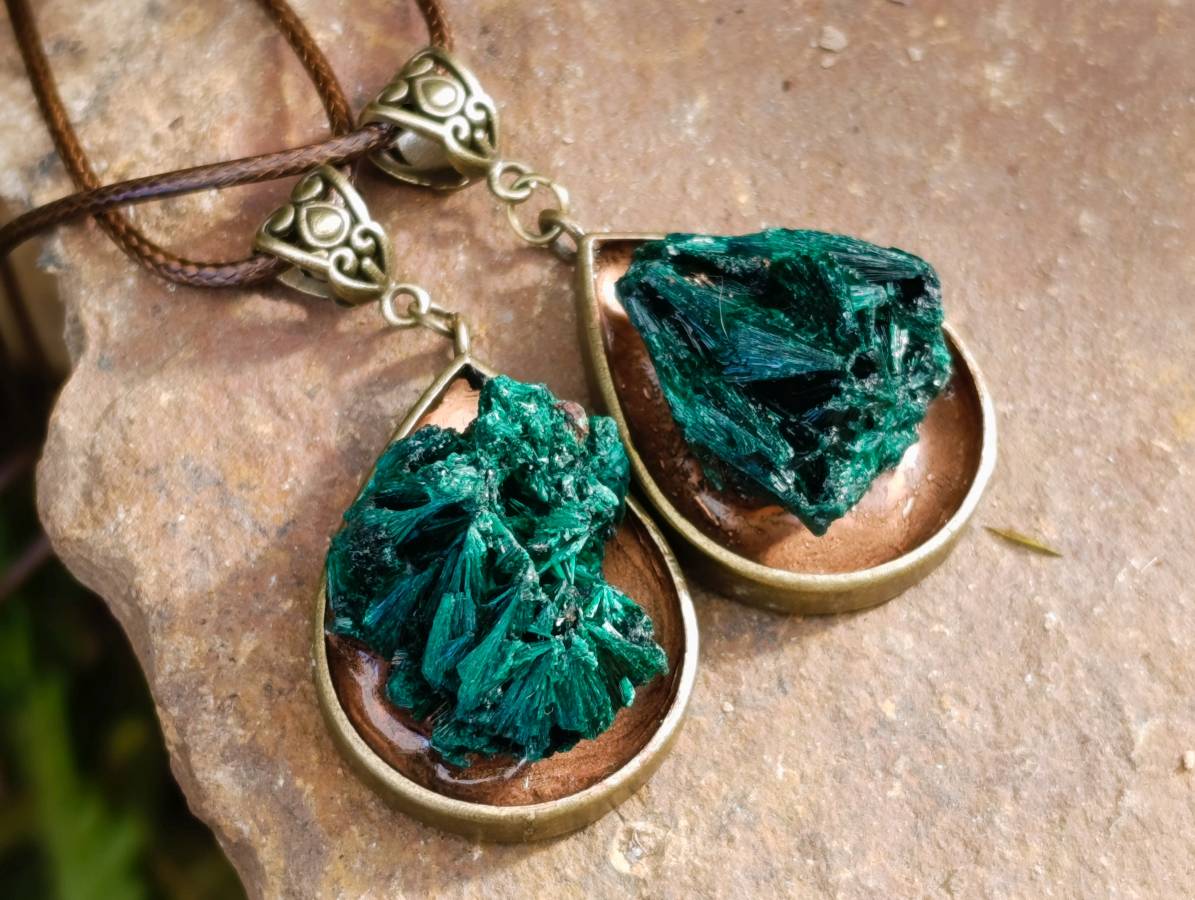 Hand Made Silky Malachite in Bronze Teardrop Pendant - Sold Per Item - Kasompe, Congo - Toprock Gemstones and Minerals 
