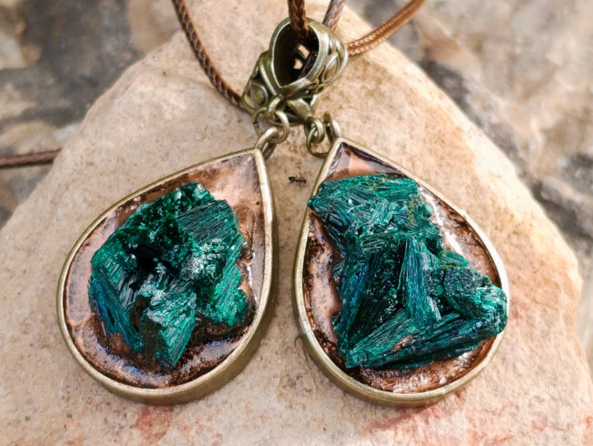 Hand Made Silky Malachite in Bronze Teardrop Pendant - Sold Per Item - Kasompe, Congo - Toprock Gemstones and Minerals 