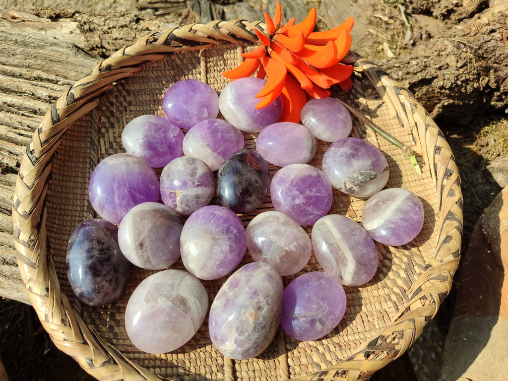 Polished Chevron Amethyst Palm Stones x 20 From Ankazobe, Madagascar - Toprock Gemstones and Minerals 