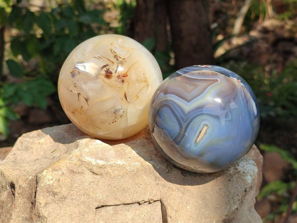 Polished Banded Agate Spheres x 2 From Madagascar - Toprock Gemstones and Minerals 