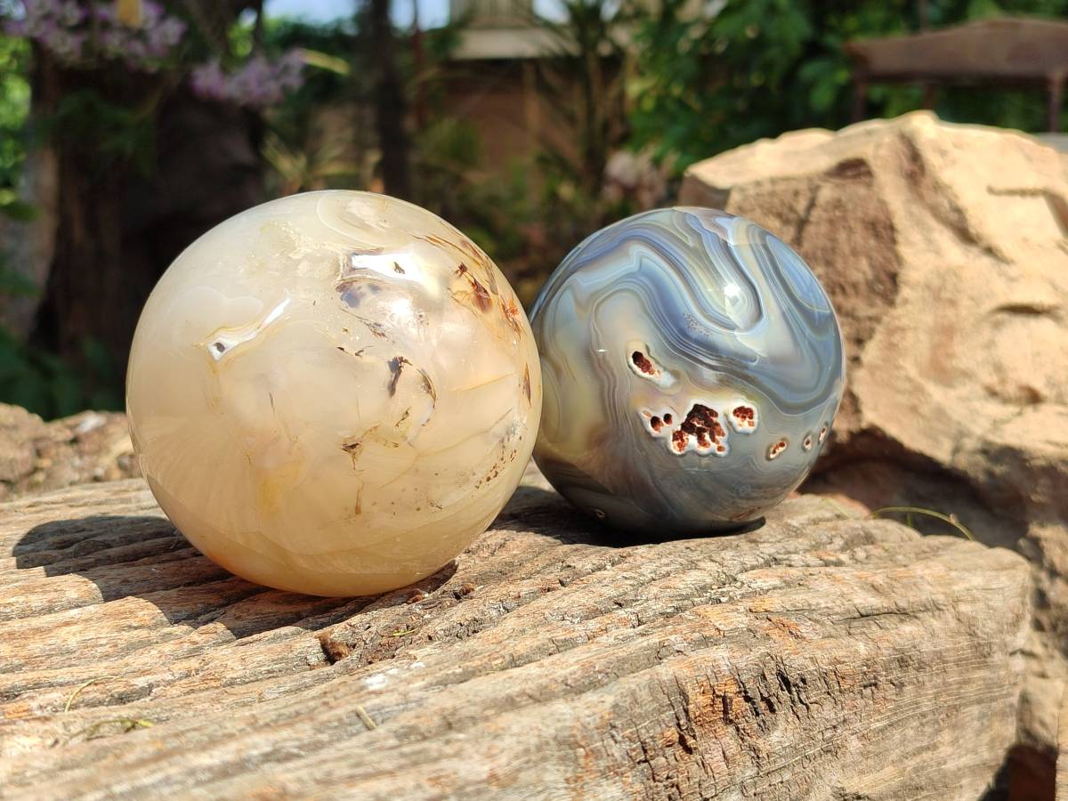 Polished Banded Agate Spheres x 2 From Madagascar - Toprock Gemstones and Minerals 