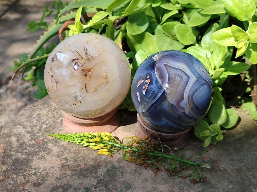 Polished Banded Agate Spheres x 2 From Madagascar - Toprock Gemstones and Minerals 