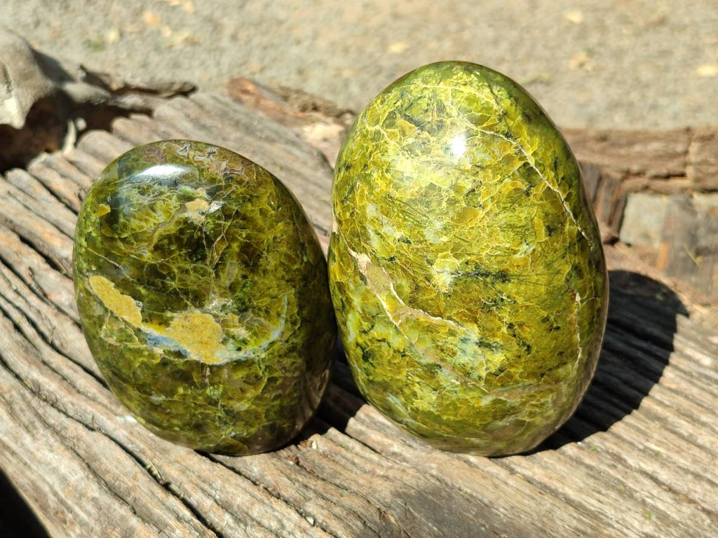 Polished Green Opal Standing Free Forms x 2 From Antsirabe, Madagascar - Toprock Gemstones and Minerals 