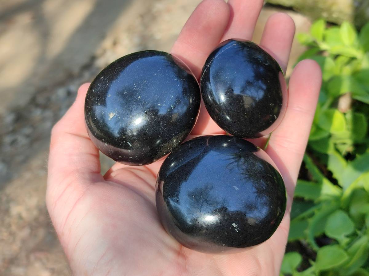 Polished Black Basalt Palm Stone x 12 From Antsirabe, Madagascar - Toprock Gemstones and Minerals 