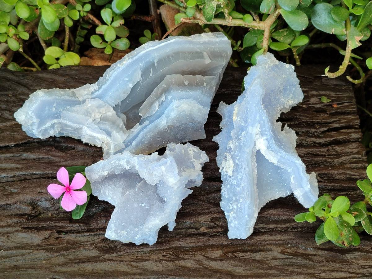 Natural Etched Blue Chalcedony Geodes x 3 From Nsanje, Malawi - Toprock Gemstones and Minerals 