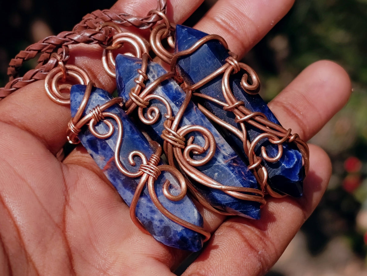 Hand Made Copper Wire Wrapped Sodalite Pendants x 6 From Namibia - Toprock Gemstones and Minerals 