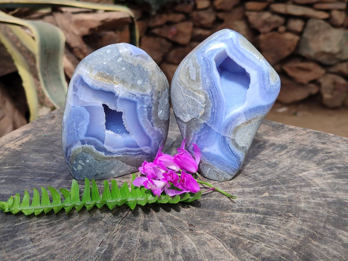 Polished Blue Lace Agate Standing Free Forms x 2 From Nsanje, Malawi - Toprock Gemstones and Minerals 