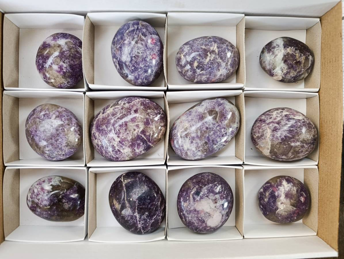 Polished Lepidolite With Pink Rubellite Palm Stones x 12 From Ambatondrazaka, Madagascar - Toprock Gemstones and Minerals 