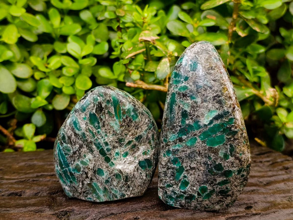 Polished Emerald Mica 'Mutokolite' Standing Free Forms x 2 From Mutoko, Zimbabwe - Toprock Gemstones and Minerals 
