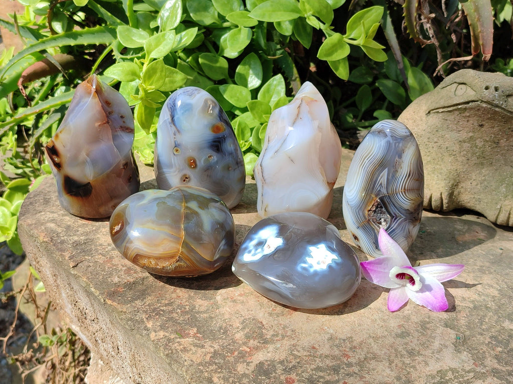 Polished Banded Agate Standing Free Forms, Hearts, Flames x 6 From Madagascar - Toprock Gemstones and Minerals 