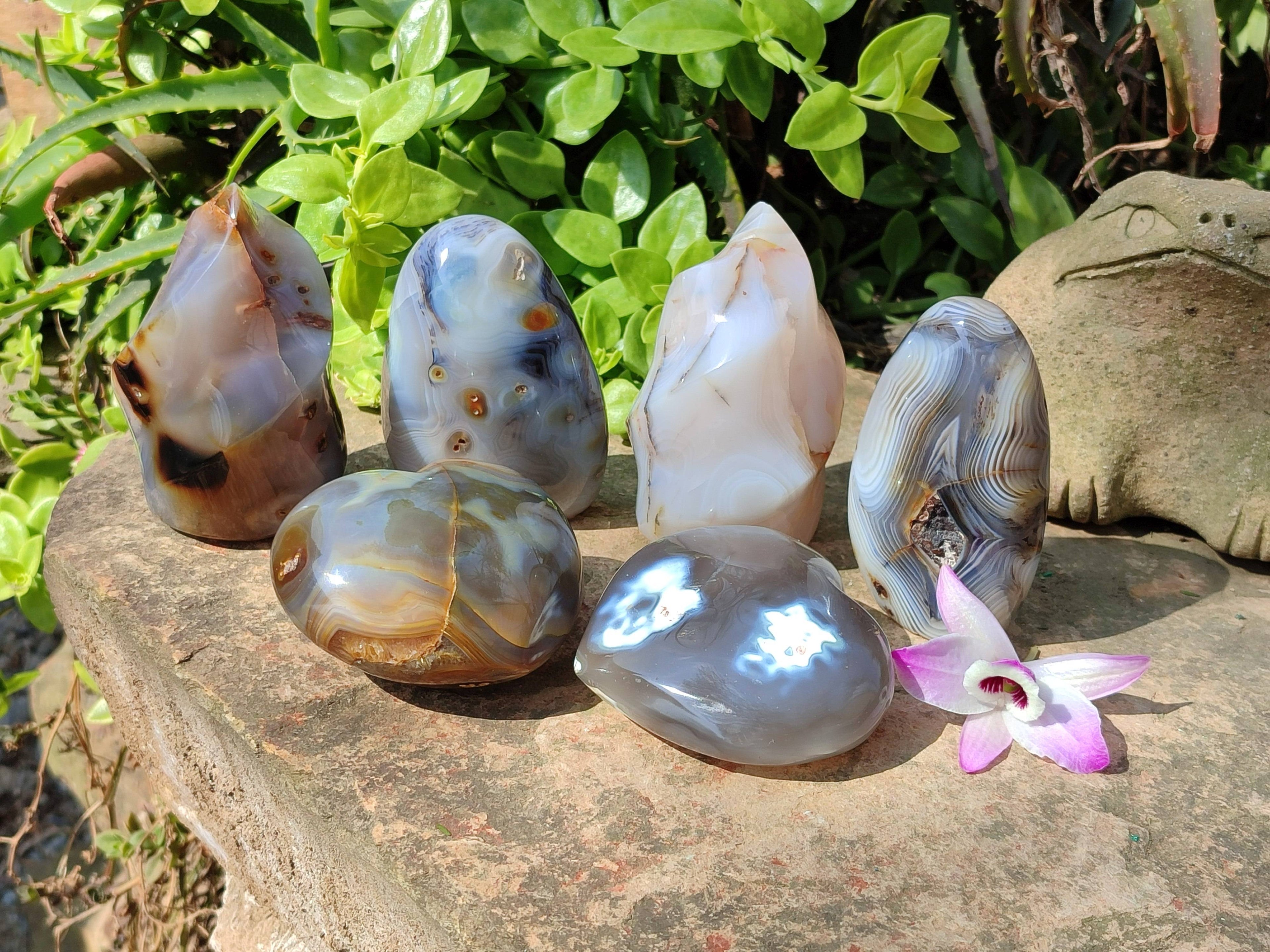 Polished Banded Agate Standing Free Forms, Hearts, Flames x 6 From Madagascar - Toprock Gemstones and Minerals 